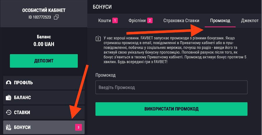Изображение с примером ввода промокода Favbet на сайте букмекера